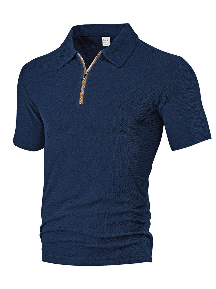 Men's slim fit half-zip polo with fine herringbone jacquard structure StylebySassy