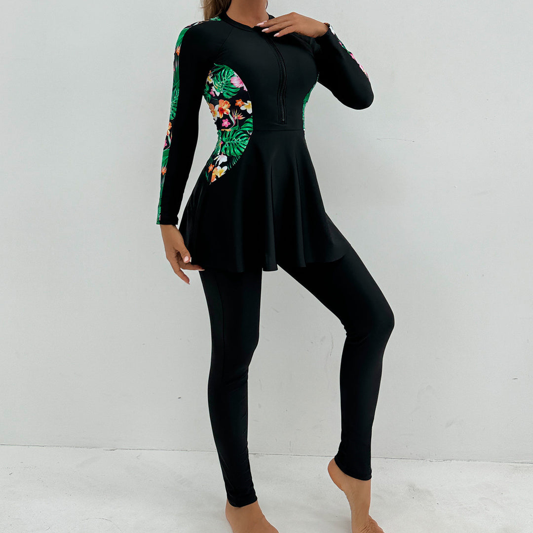 Women's Sporty Long Sleeve Swimming Suit with Flattering Skirt StylebySassy