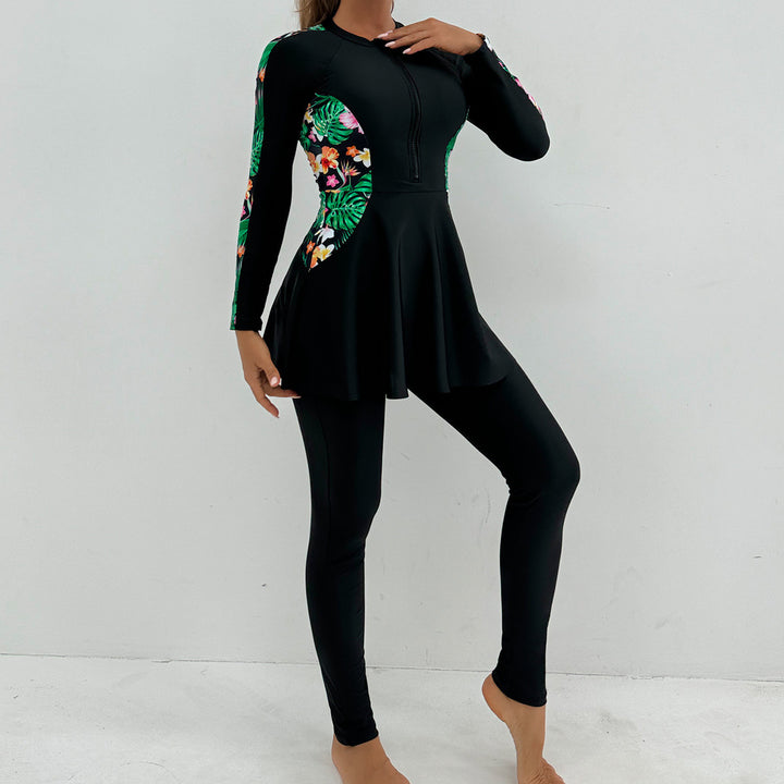 Women's Sporty Long Sleeve Swimming Suit with Flattering Skirt StylebySassy