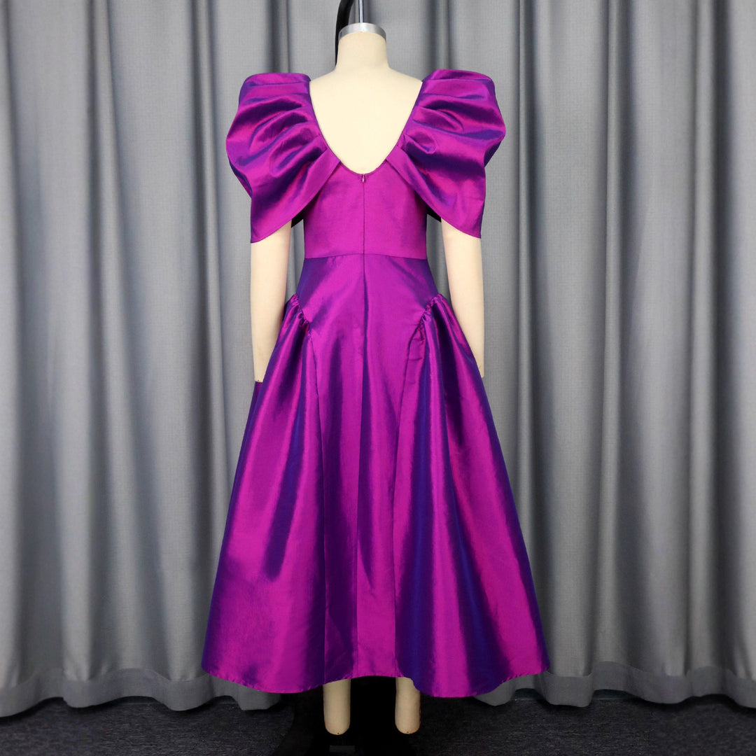 Ladies Elegant Satin Evening Dress with Voluminous Puff Sleeves StylebySassy