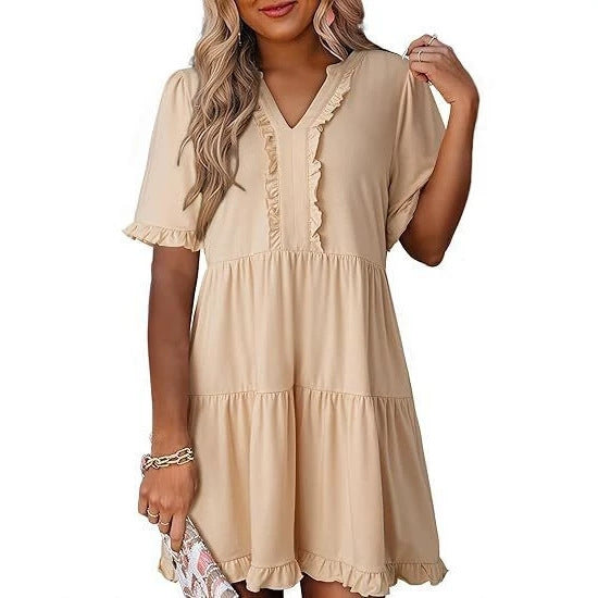Women's lightweight swing dress with V-neck, tiered skirt and delicate ruffles StylebySassy