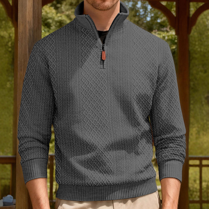 Men's half-zip pullover in fine-structured jacquard relief with high stand-up collar and leather zipper StylebySassy