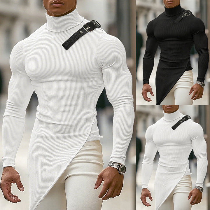 Women's asymmetrical long sleeve top made of fine knit with stand-up collar, diagonal hem, and adjustable shoulder strap StylebySassy