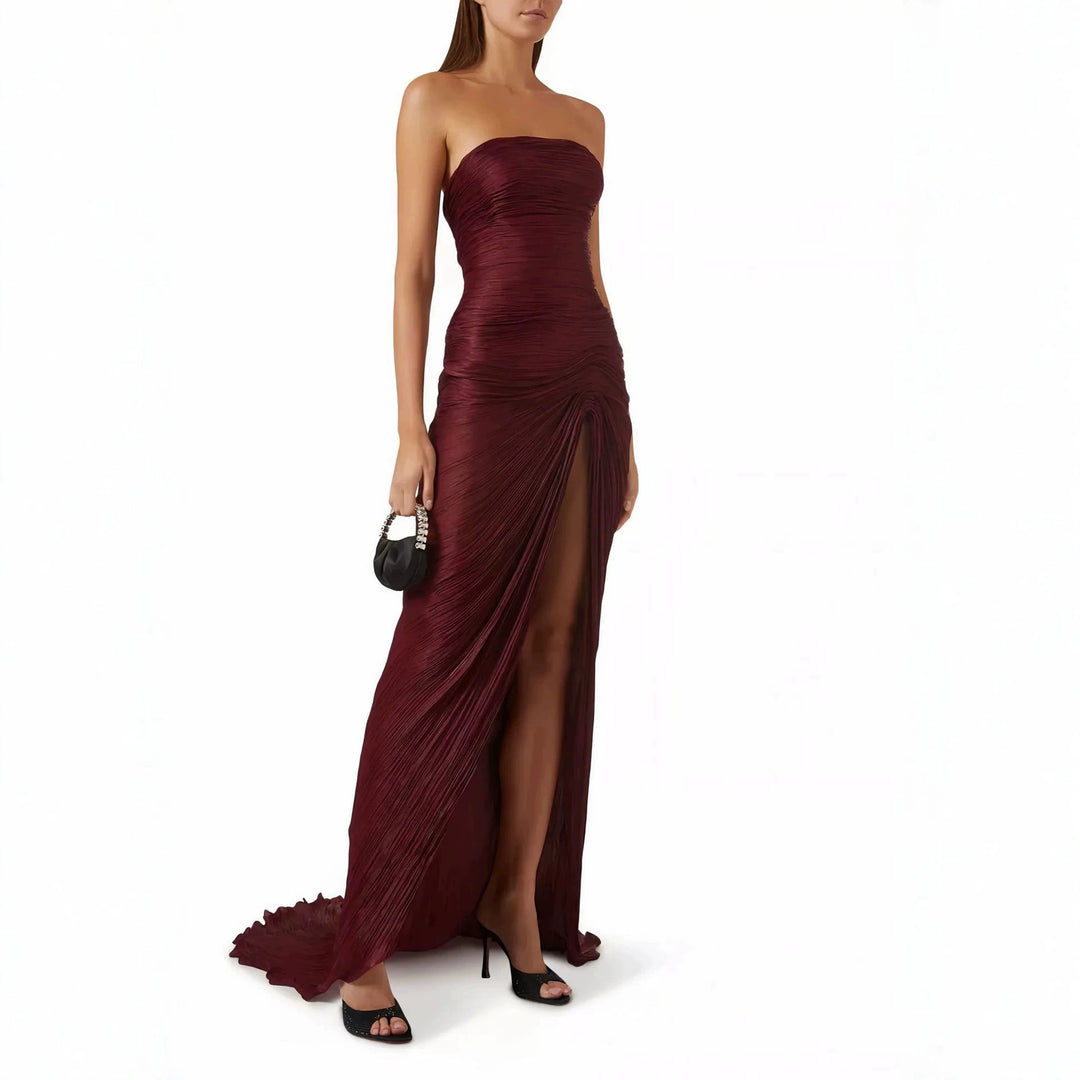 Women Elegant Maxi Dress with Asymmetrical Cut and Pleats StylebySassy