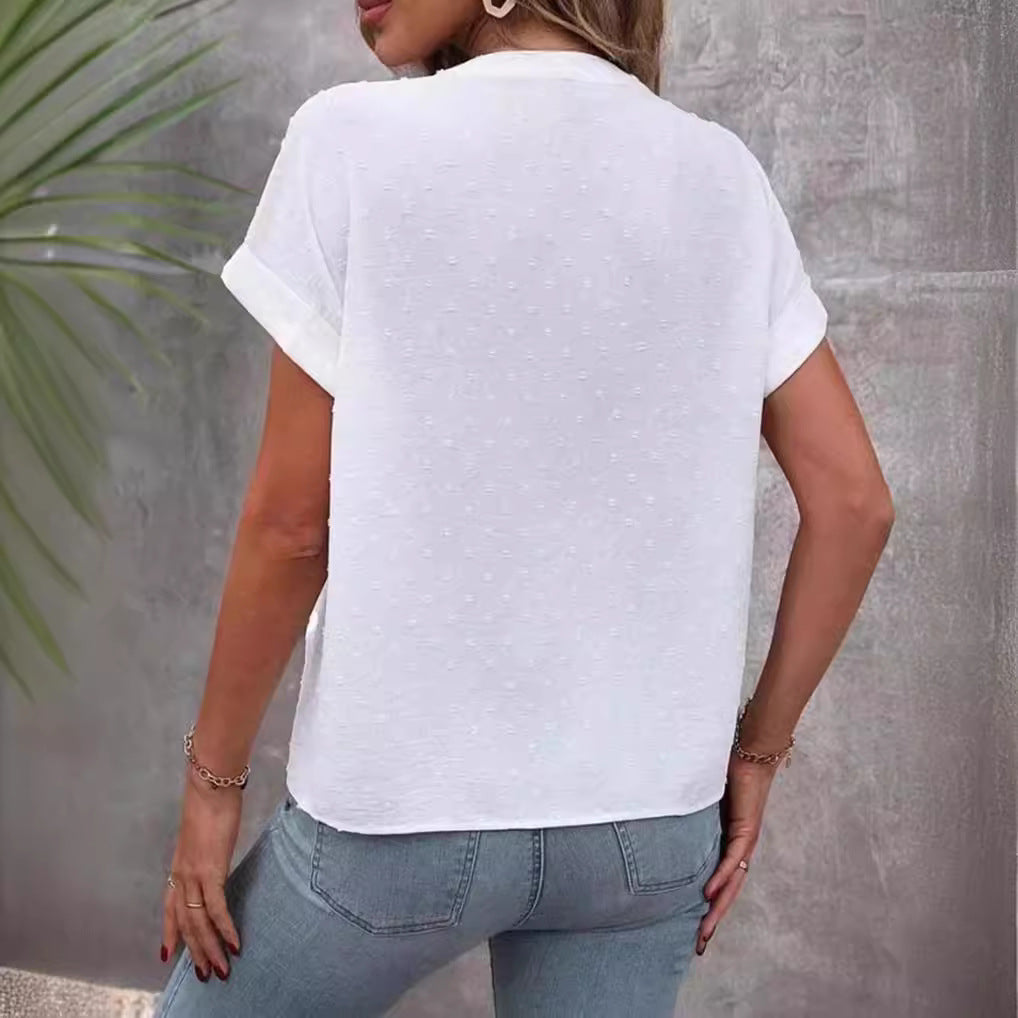 Ladies airy V-neck front button blouse with dobby dots and roll-up short sleeves StylebySassy