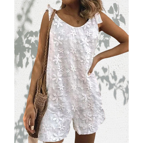 Women's lighter short overall with floral three-dimensional embroidery, adjustable tie straps and loose A-line silhouette StylebySassy
