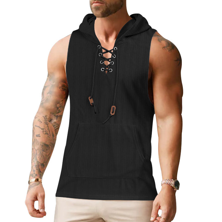 Men sleeveless hoodie sweatshirt with laced collar and kangaroo pocket StylebySassy