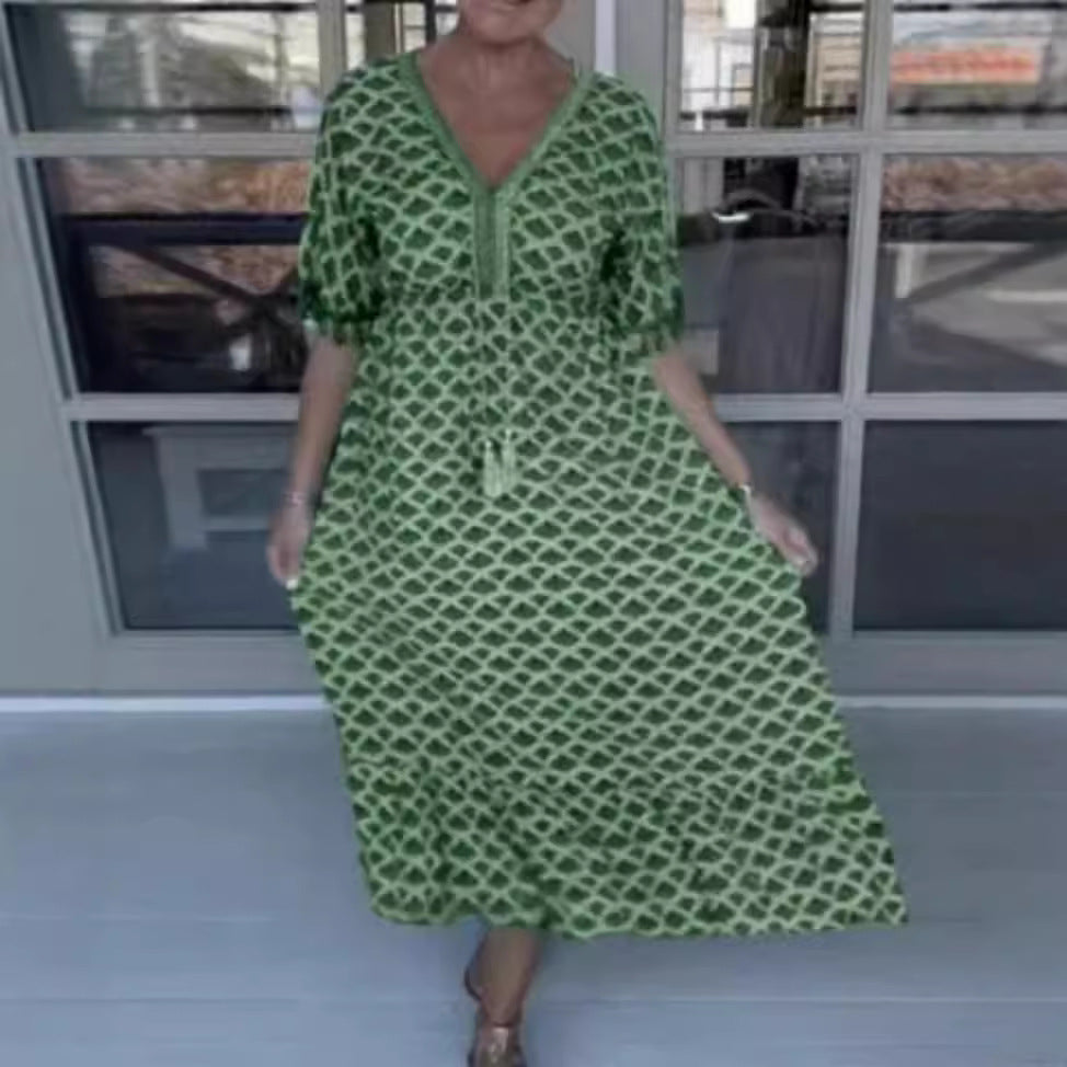 Women's casual V-neck beach dress with tassel tie and ruffle skirt StylebySassy