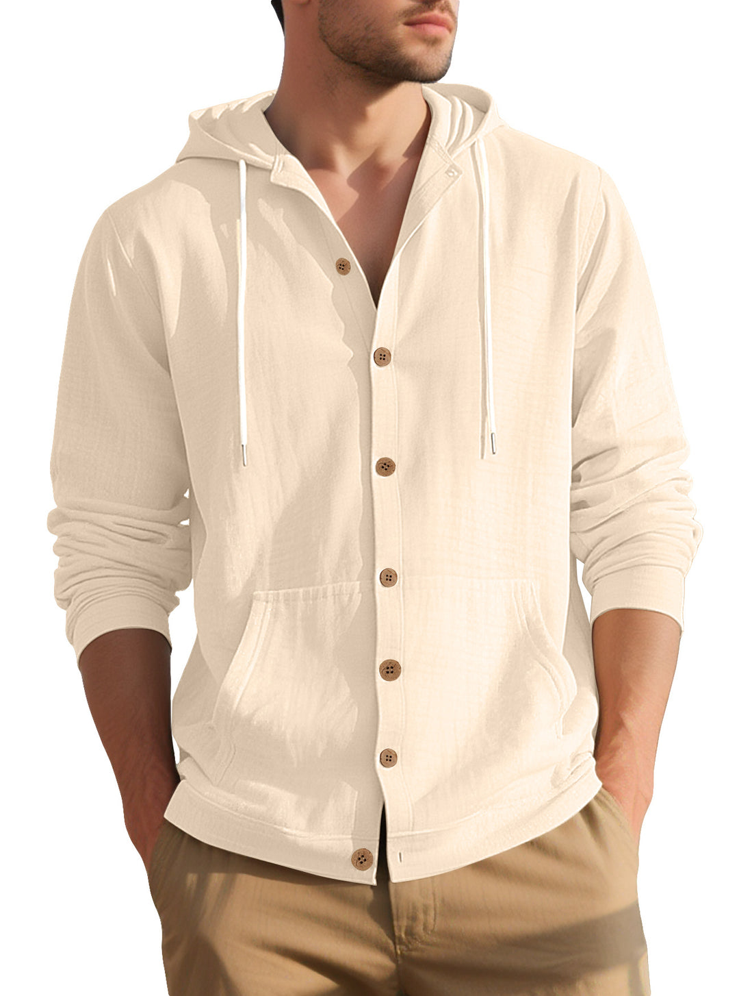 Men's lightweight hooded overshirt in crinkle look with wooden button placket and kangaroo pocket StylebySassy
