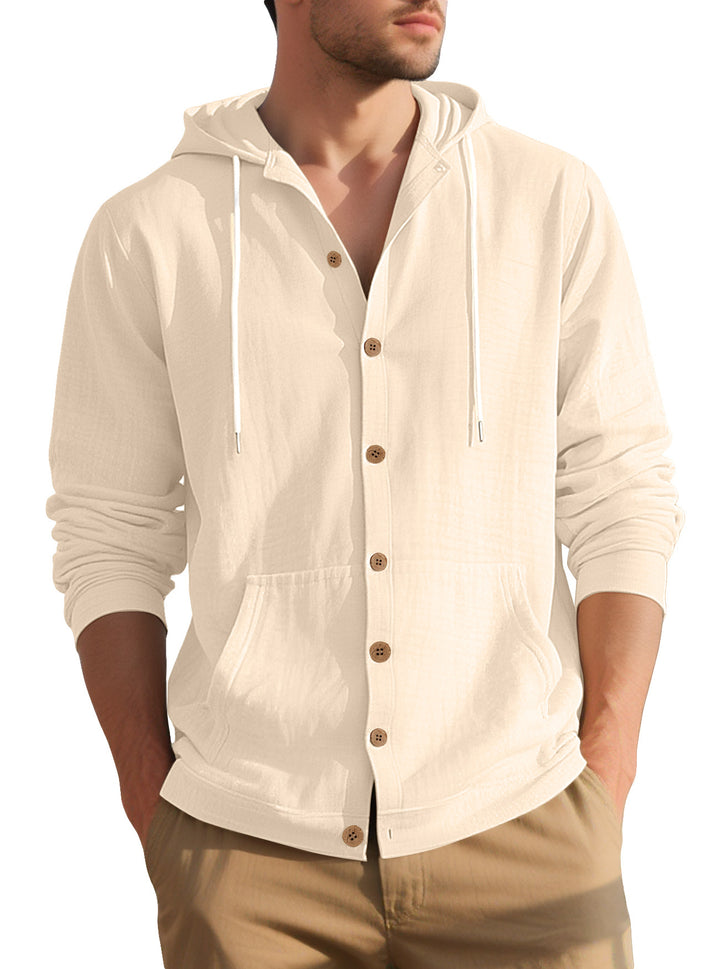 Men's lightweight hooded overshirt in crinkle look with wooden button placket and kangaroo pocket StylebySassy