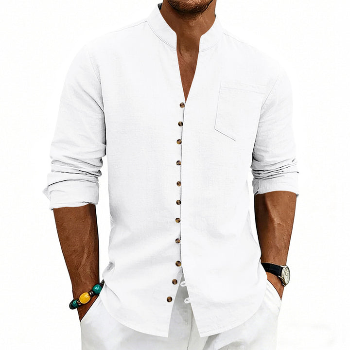 Men's lightweight linen shirt with stand-up collar, full button placket, and patch chest pocket StylebySassy