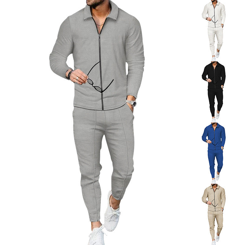 Men's casual waffle texture tracksuit with shirt collar, concealed zipper and drawstring pants StylebySassy