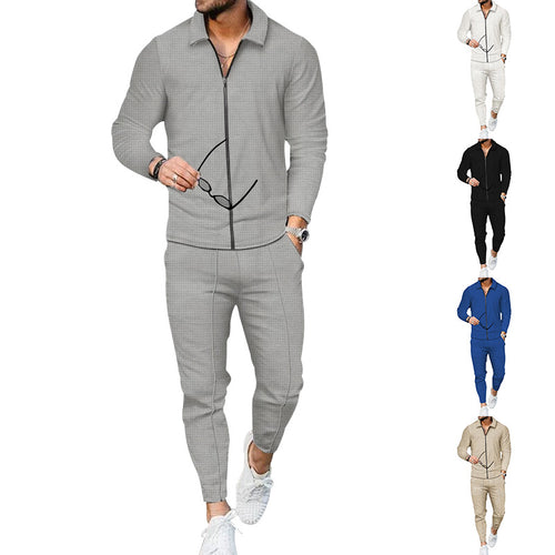 Men's casual waffle texture tracksuit with shirt collar, concealed zipper and drawstring pants StylebySassy