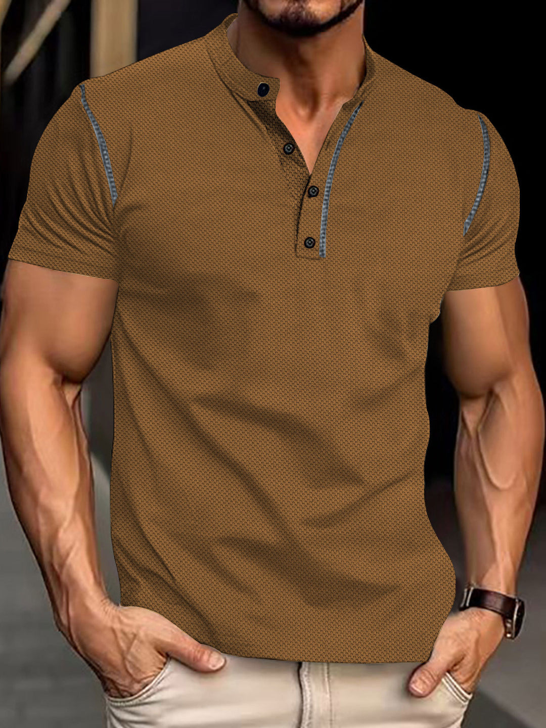 Men's tapered structured polo shirt with stand-up collar and decorative piping StylebySassy