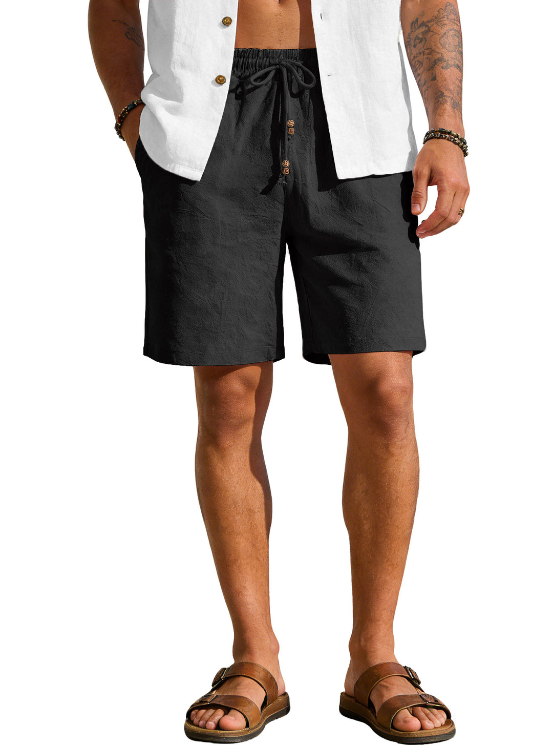 Men's lightweight beach Bermuda shorts made of linen blend with elastic waistband, drawstring and decorative button placket StylebySassy