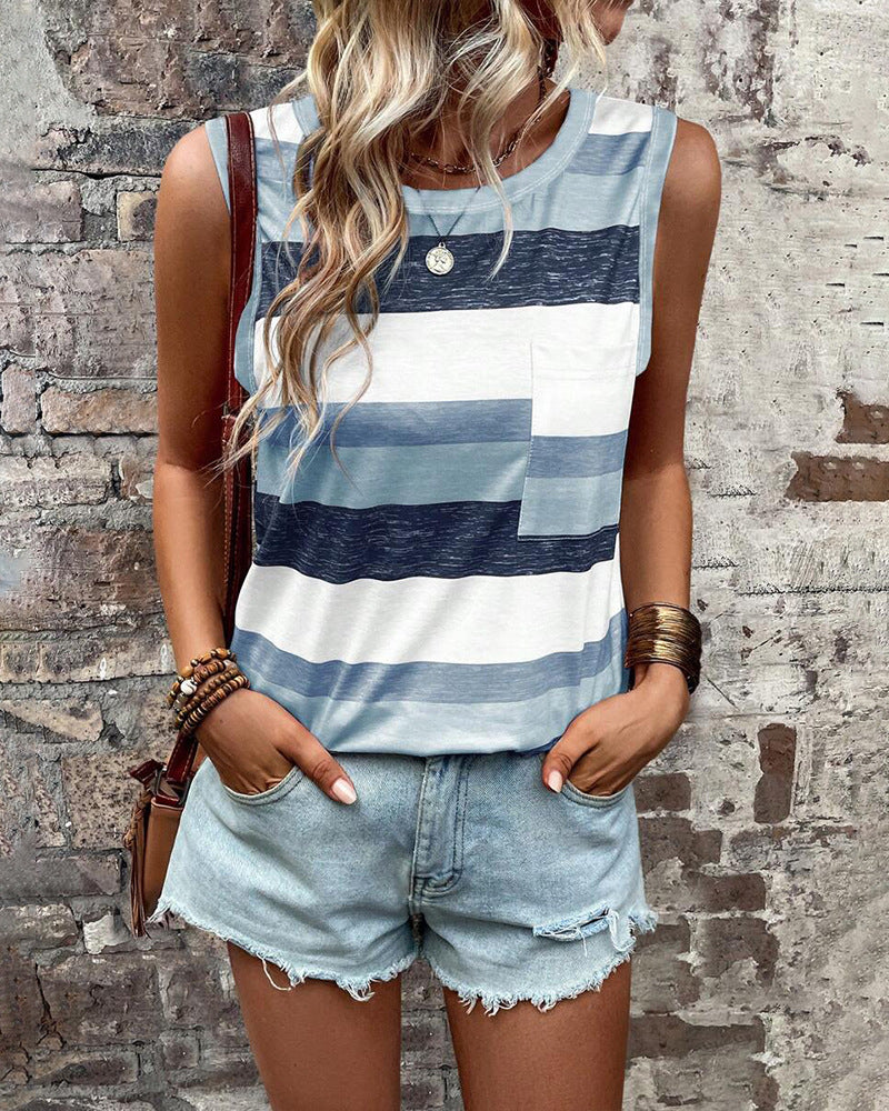 Women's sleeveless striped jersey shirt with patch chest pocket and relaxed boxy silhouette StylebySassy