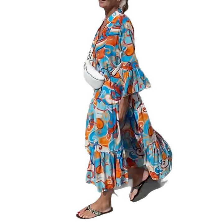 Women's airy maxi dress with watercolor print, V-neck, half button placket and tiered skirt StylebySassy