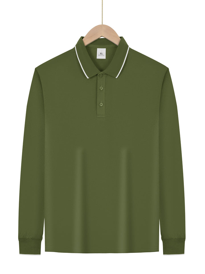 Men's long-sleeved pique polo shirt with contrasting piping at the collar and cuffs StylebySassy