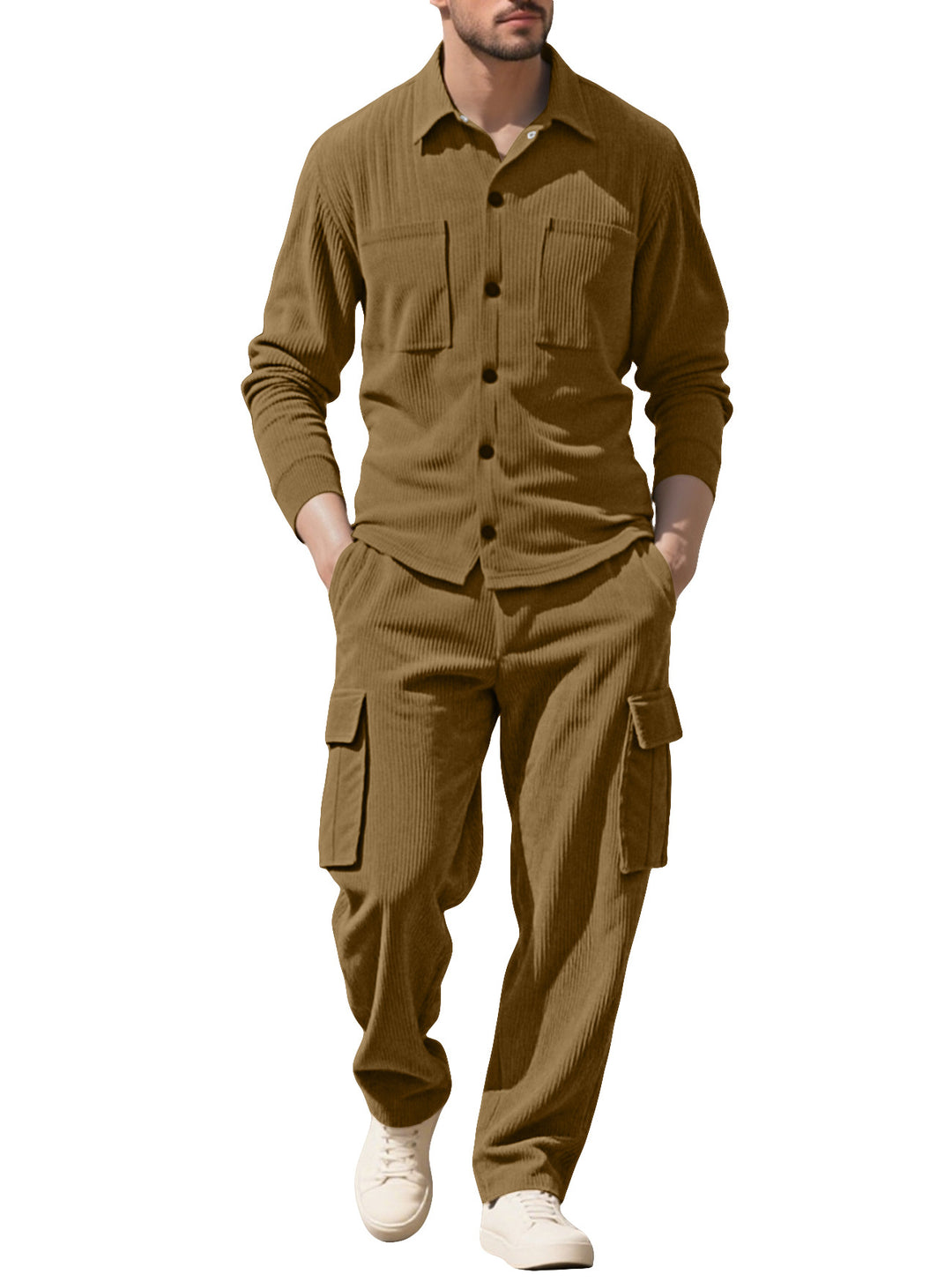Men's ribbed worker shirt with chest pockets and relaxed cargo pants StylebySassy