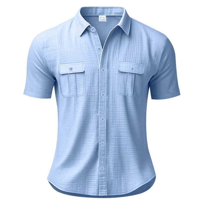 Men's structured short sleeve shirt in linen gauze look with flap pockets and rounded hem StylebySassy