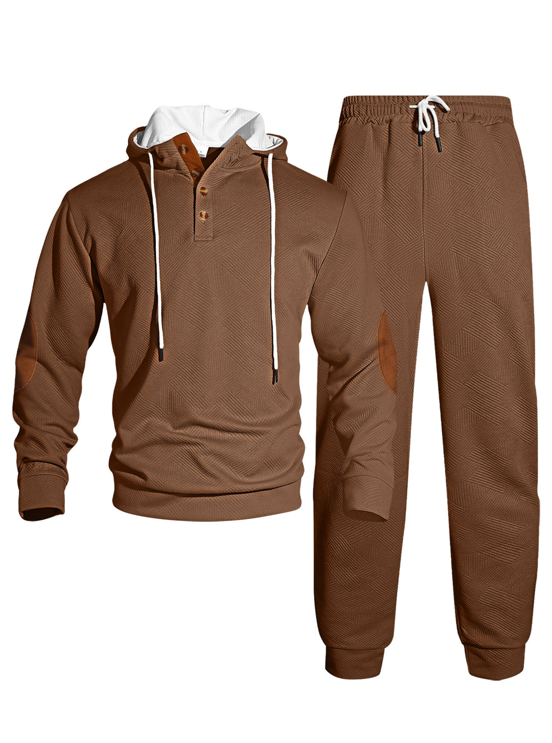 Men's waffle structure Henley hoodie set with wooden button placket elbow patches and tapered joggers StylebySassy