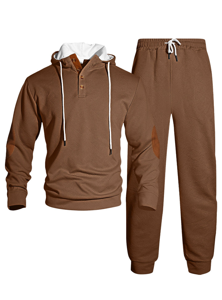 Men's waffle structure Henley hoodie set with wooden button placket elbow patches and tapered joggers StylebySassy