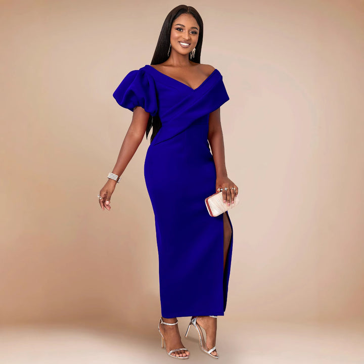 Women Elegant, figure-hugging evening dress with asymmetrical neckline and puff sleeves StylebySassy