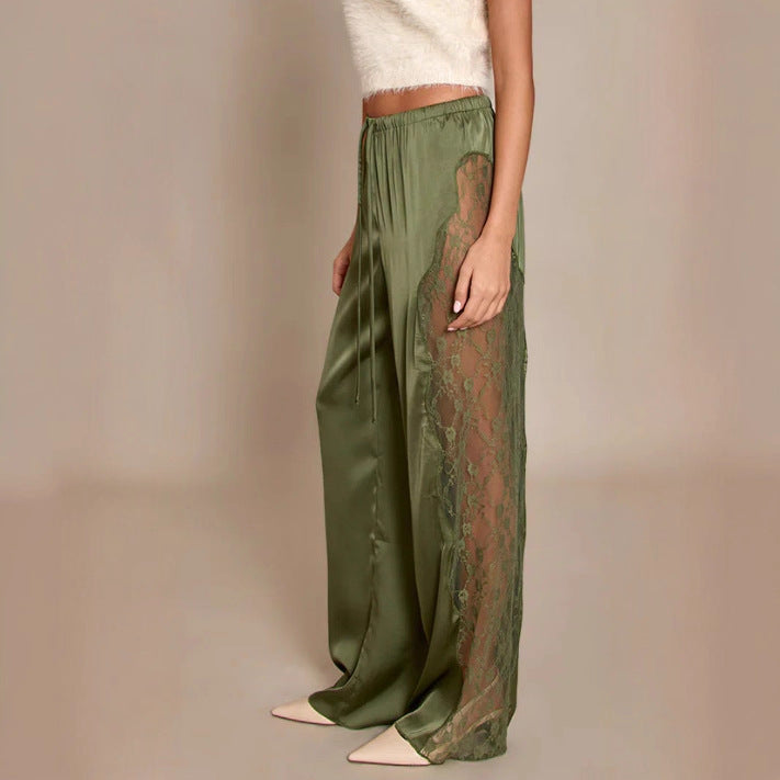 Women satin trousers with side lace inserts, wide leg and drawstring StylebySassy