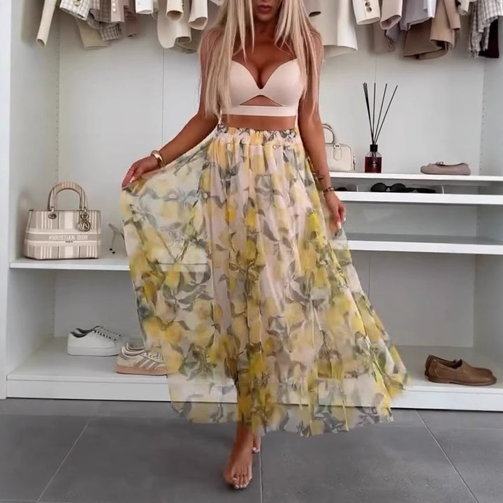 Women's flowing maxi skirt with layered chiffon overlay, elastic waistband and fine floral print StylebySassy