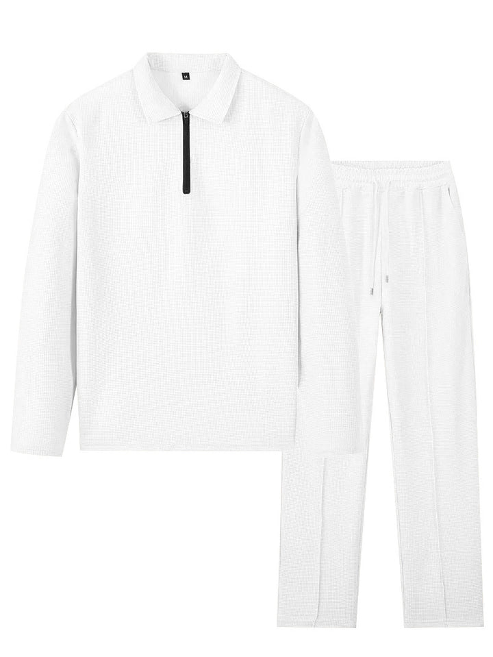Unisex Nan Waffle Structure Leisure Set with Half-Zip Polo Shirt and Elastic Waist Pants StylebySassy