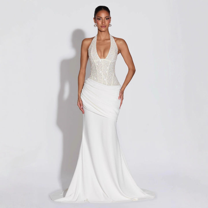 Women Glamorous Evening Dress with Deep V-Neck and Decorative Sequins StylebySassy
