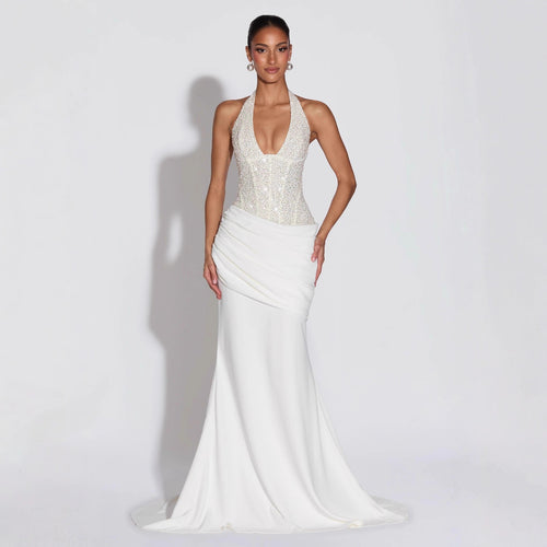 Women Glamorous Evening Dress with Deep V-Neck and Decorative Sequins StylebySassy