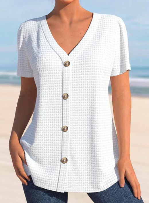 Women's finely structured V-neck top with decorative button placket and slightly flared silhouette StylebySassy