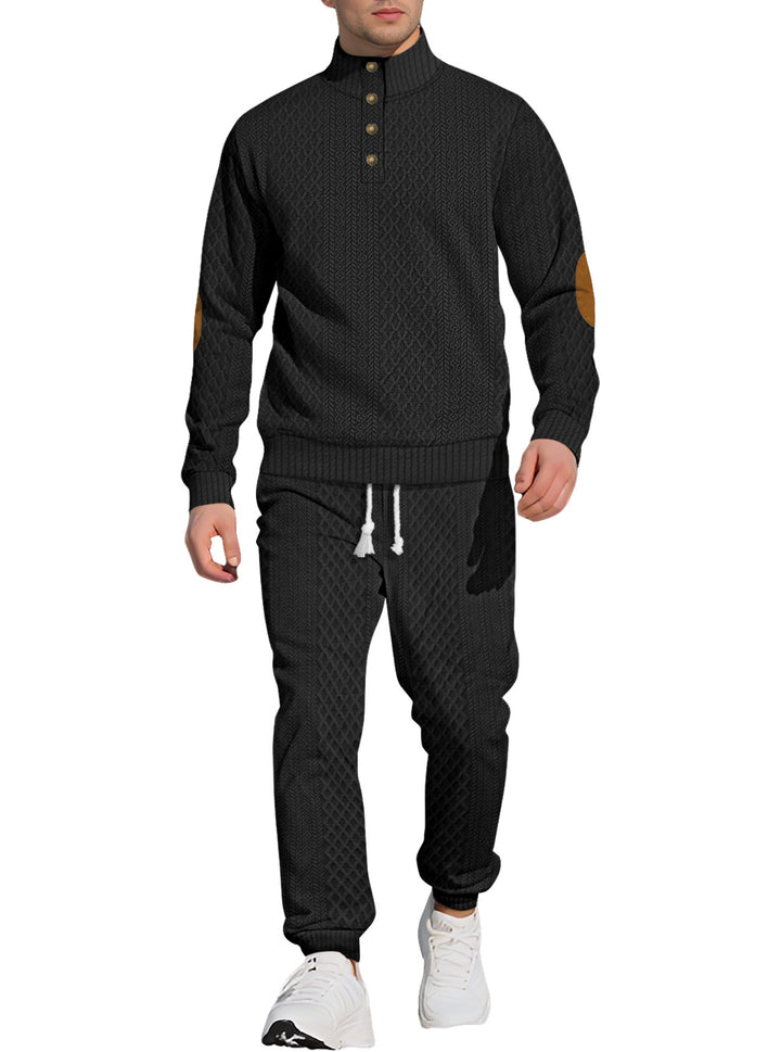 Men's patterned knit leisure set with half-button stand collar suede elbow patches and drawstring joggers StylebySassy