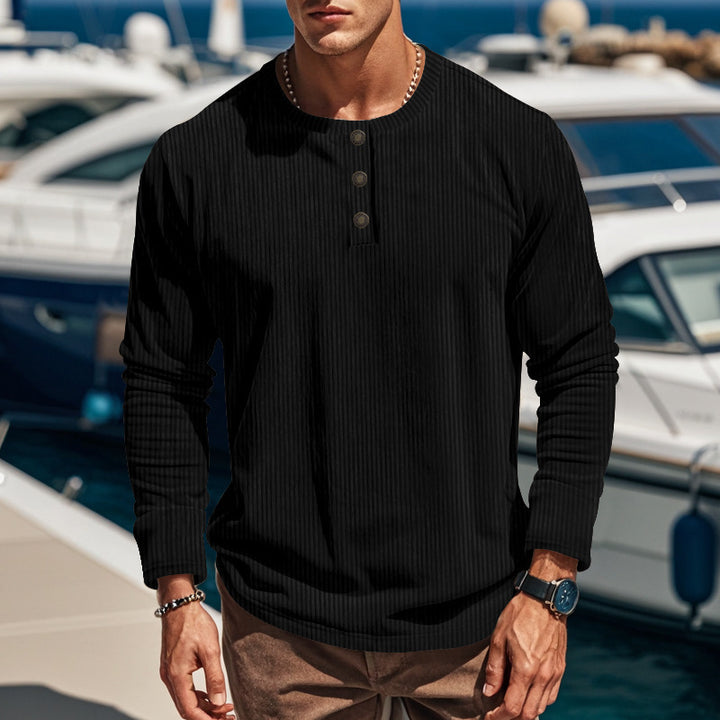 Men's knitted long sleeve henley pullover with short stand-up collar and decorative button placket StylebySassy