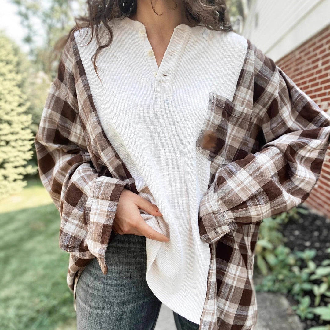 Women's checkered flannel overshirt with patch chest pocket, roll-up sleeves, and relaxed oversized fit StylebySassy