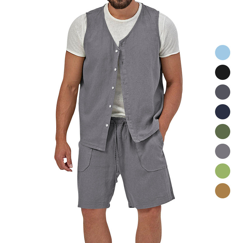 Men's two-piece leisure set with sleeveless button vest and wide drawstring shorts with patch pockets StylebySassy