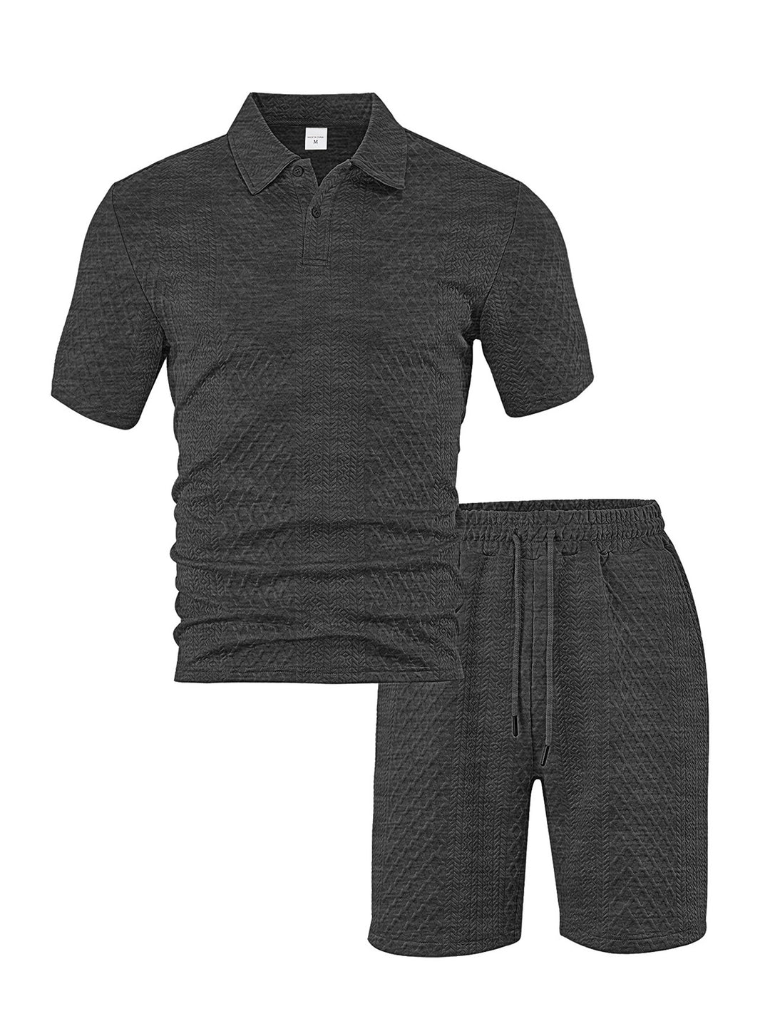 Men's elegant leisure two-piece made of textured knit with polo collar short-sleeve shirt and drawstring Bermuda StylebySassy