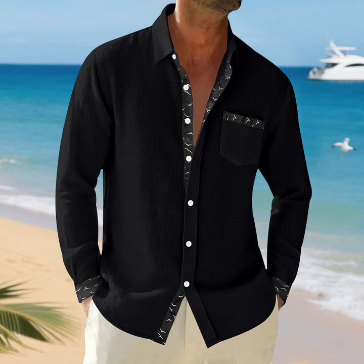 Men's casual linen blend shirt with contrasting trim on collar and cuffs as well as breast pocket StylebySassy
