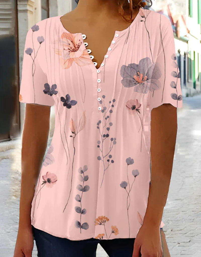 Women nan lightweight viscose tunic with decorative tuck pleats, half button placket and watercolor flower print StylebySassy