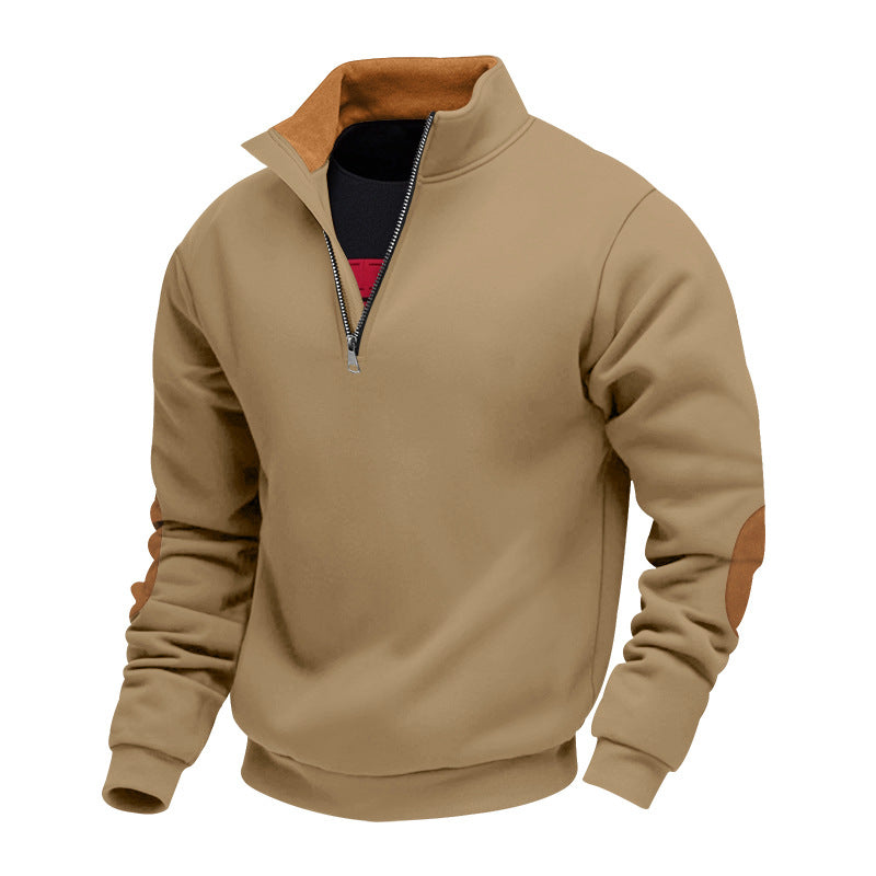 Men's nan Sweatshirt with half zipper, stand collar, and suede elbow patches StylebySassy