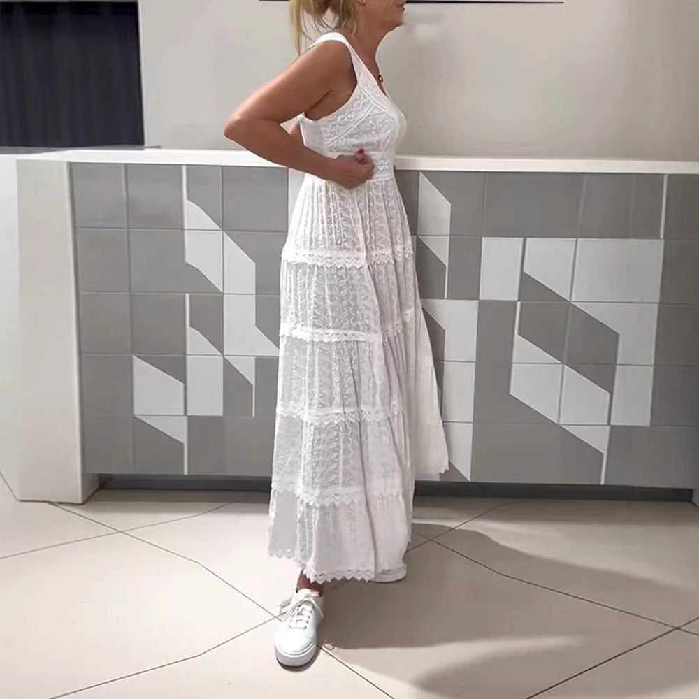 Women’s sleeveless Boho lace layered maxi dress with V-neck and empire waist StylebySassy
