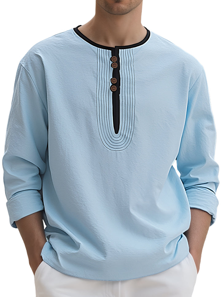 Men's loosely cut long sleeve kurta top with decorative pleats and wooden button placket StylebySassy