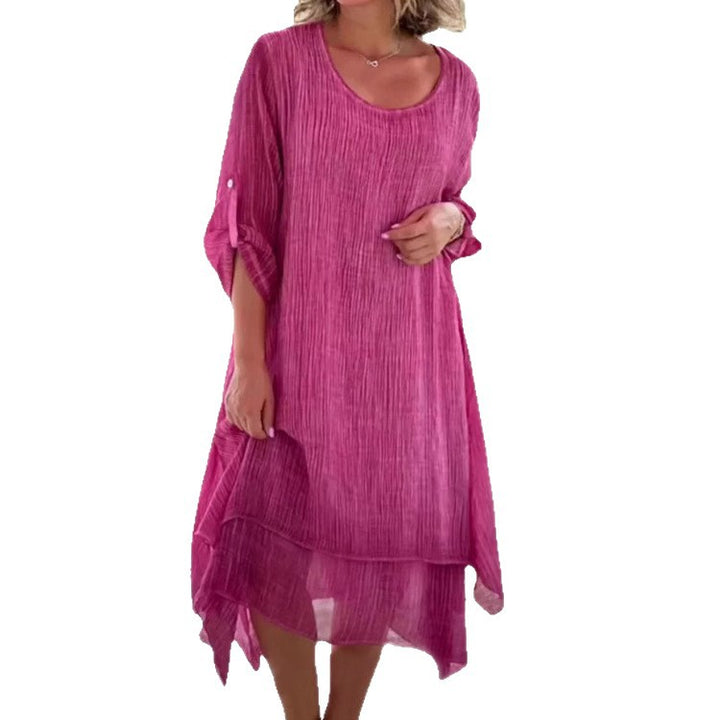 Women’s loose muslin layer midi dress with A-line and roll-up sleeves StylebySassy