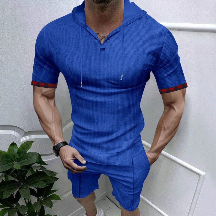 Men's summery hooded lounge set in lightweight waffle texture with short sleeve hoodie Henley opening and comfortable shorts StylebySassy