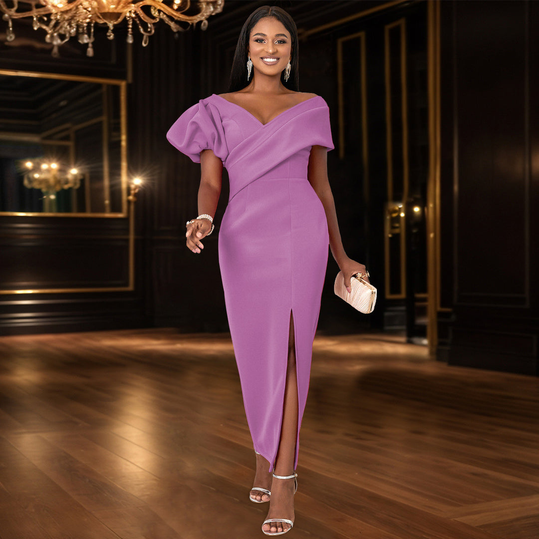 Women Elegant, figure-hugging evening dress with asymmetrical neckline and puff sleeves StylebySassy