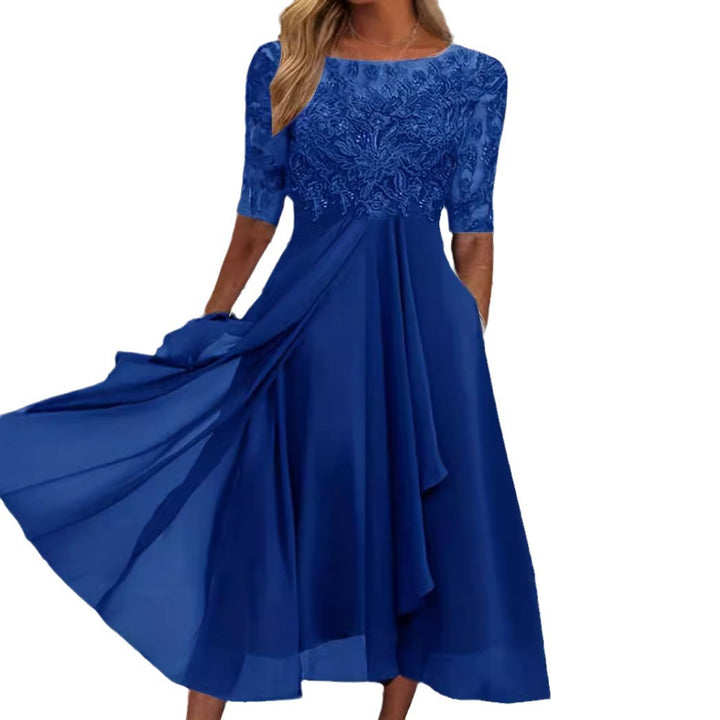 Ladies' elegant cocktail dress with embroidered corset, boat neckline and flowing chiffon skirt StylebySassy
