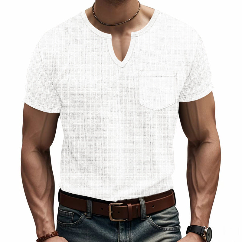 Men's short-sleeve shirt with V-slit neckline and patch chest pocket made of textured jersey StylebySassy