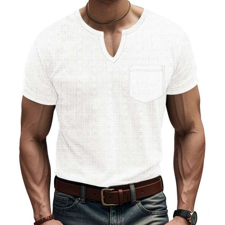 Men's short-sleeve shirt with V-slit neckline and patch chest pocket made of textured jersey StylebySassy