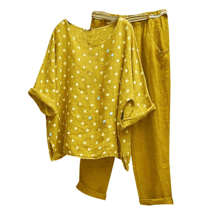 Women's comfortable linen leisure set with loose tunic, polka dot pattern and elastic waistband pants StylebySassy